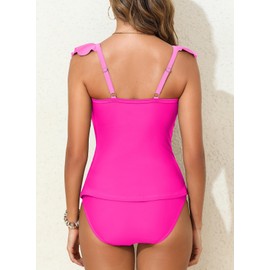 Aleumdr 2025 Trendy 2 Piece Tummy Control Tankini Swimsuits Cross Criss Bathing Suit Ruffled Cutout Tank Top with Bikini Briefs Color Block V Neck Swimwear Hot Pink X-Large