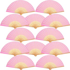 Bememo Hand Held Fans Silk Bamboo Folding Fans Handheld Folded Fan for Church Wedding Gift, Party Favors, DIY Decoration (12 Pack, Pink)