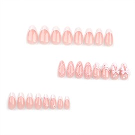 Bow Press on Nails Short Almond Fake Nails Press ons Flower False Nails with Designs 3D Glossy Full Cover Acrylic Glue on Nails French Tip Artificial Stick on Nails for Women Manicure Decoration 24Pcs