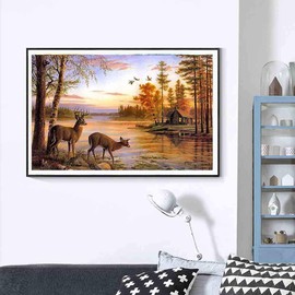 5D Diamond Painting Diamond Painting Pictures, Wowdecor Deer Elk Lake Tree Sunset Landscape Animals Full Set Large DIY Diamond Painting by Numbers