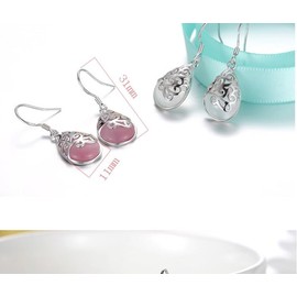925 Silver Pink Earrings for Women Moonstone Filigree Drop Dangle Earrings Dangle Plated Silver Teardrop Earrings for Girls Teens Charm Gifts(White)