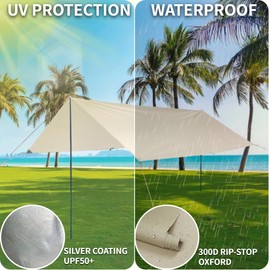 DANCHEL OUTDOOR 13ftx9.8ft Rain Fly Waterproof Tent Tarp with 2 Poles, Sun Protection and PU 3000mm Waterproof, Lightweight for B2 Yurt Tent Camping Backpacking Glamping