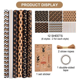 BEISHIDA 6 Styles Wrapping Paper Set-Straw Ropes&Stickers&Double-Sided Tape& Bow-Gift Wrap Paper for Christmas, Birthdays, Party, DIY Decorations12 Sheets Folded 20x28 Inches