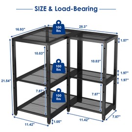 3-Tier Short L Shaped Metal Storage Rack with Height Adjustable Shelf