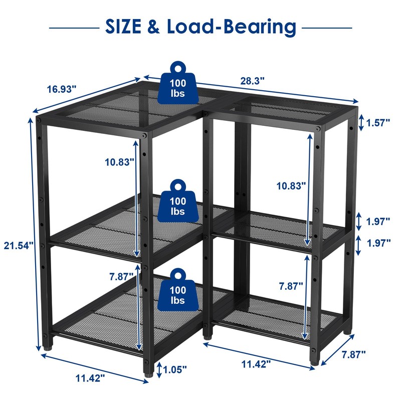 3-Tier Short L Shaped Metal Storage Rack with Height Adjustable