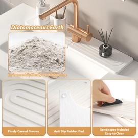 Volminex Diatomite Faucet Mat for Kitchen Sink, Stone Sink Splash Guard Mat, Fast Drying Stone Handle Drip Catcher Tray, Faucet Splash Guard for Kitchen Bathroom Counter (White, 15.7" x 3.9")