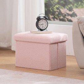 LUSIMO Folding Storage Ottoman Bench, 16 Inch Boucle Small Ottoman Foot Rest for Couch, End of Bed Bench with 331 lb Capacity, Storage Chest for Living Room, Bedroom, Entryway Pink