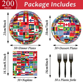 50 Guests International World Flags Party Supplies Decor Around The World Plates and Napkins Forks Travel Trip International Flags Tableware Country Paper Plates for Birthday Baby Shower Party 200PCS