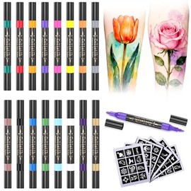 Temporary Tattoo Markers for Skin – Dual-End 16 Colors + 80 Stencils Kit, Skin-Safe Washable Cosmetic-Grade Body Art Pens for Kids & Adults