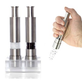 Grind Gourmet Salt and Pepper Grinder Set, Original Pump & Grind Peppermill are Refillable, Modern Thumb Press Grinder Works With Himalayan Salts, Sea Salts, Peppercorns, Includes Stand.