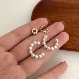 4 Pieces Gold Pearl Stack Earrings for Women Ear Cuff Cartilage Hoop Earrings Set Trendy Jewelry Gifts