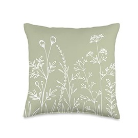 Wildflower Floral Flower Pattern Boho Sage Green Throw Pillow