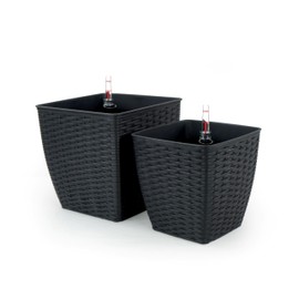 ROCKRAIN Self-Watering Wicker Planter Set: 2-Pack Rustic Hand Woven Square Planters - Dark Gray Weather-Resistant Eco-Friendly Design - Indoor/Outdoor Garden & Patio Decor for Plant Lovers