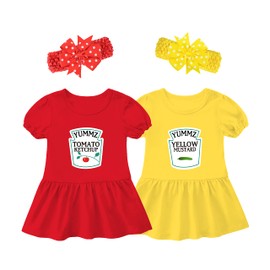 YSCULBUTOL - Body para bebé gemelo, ketchup, mostaza, recién nacido, trajes a juego, vestidos para hermanas, conjunto de mameluco con diadema, Mostaza de ketchup rojo amarillo, 0-3 meses