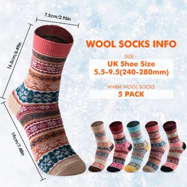 Socks Women - 5 Pairs Wool Socks, Breathable Thermal Socks, Thick Ladies Socks for Home Office School Hiking, Ideal Christmas Gifts, 5 Different Vintage Colour Design