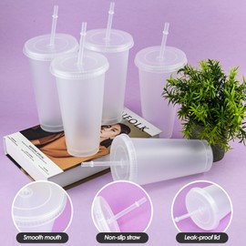 5 Pcs 24oz Iced Water Cups with Lids & Straws, Cold Drinking Tumblers, Plastic Tumbler Set, Reusable & BPA Free Plastic Cup, Coffee Smoothie Slushy Drinking Cup, Party Cups for Kid Adults(Transparent)