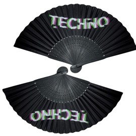 Techno Rave Hand Fan Small Stable Black Bamboo Wood Summer Hand Fan Asian Decoration for Birthday, Party, Club, Festival, Rave, Wedding, Photography, Wall Decoration, Pack of 2