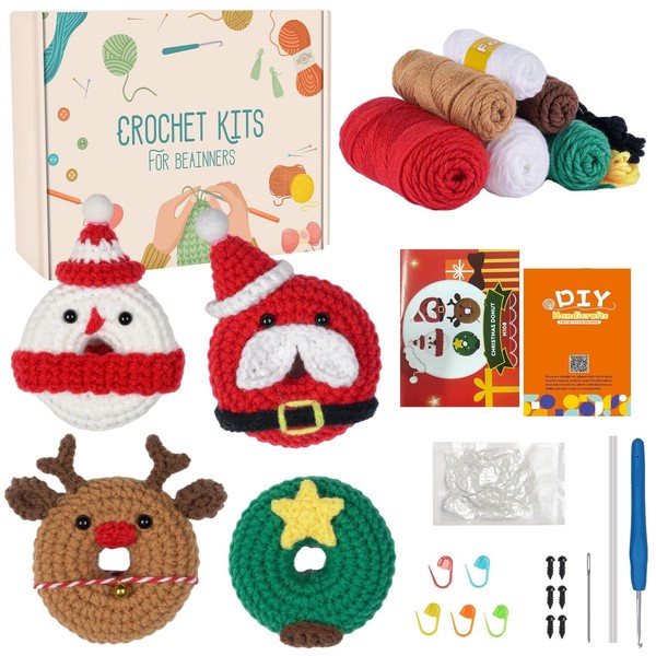 papasgix Crochet Kits for Beginners, 4Pcs Christmas Animal Beginner Crochet Kit, Crochet Yarn Set for Starters with Crochet Hooks Needles Yarn for Adults Kids DIY Craft Art (Bunt B)