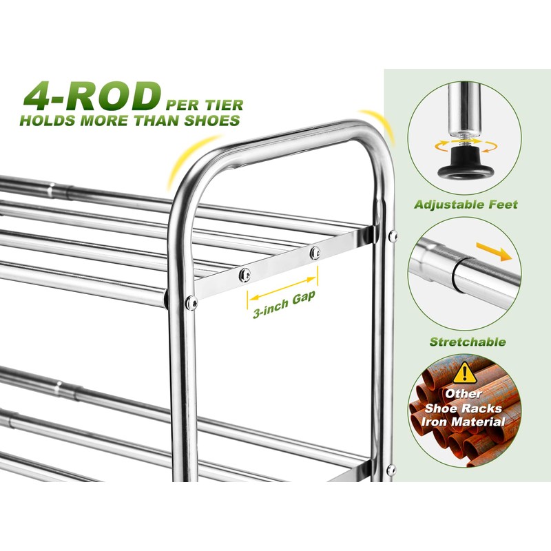 SKIKEN 2-Tier Expandable Shoe Rack - 100% Stainless Steel,4-Rod Extendable