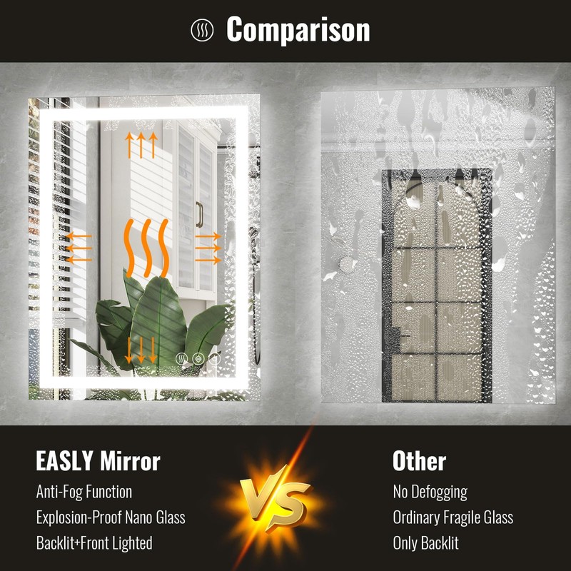 Easly 24x32 Inch LED Bathroom Mirror with Anti-Fog & Memory