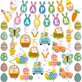 53 piezas de decoraciones de Pascua para el hogar, guirnalda de Pascua, pancarta de Pascua para decoración de interiores con huevo conejito colgante en espiral para el hogar, escuela, aula, decoración