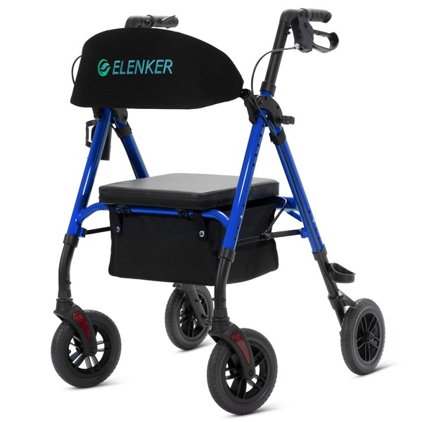 ELENKER All-Terrain Rollator Walker with 8” Non-Pneumatic Wheels, Sponge Padded Seat and Backrest, Fully Adjustment Frame for Seniors, Blue