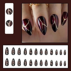 Pikabows Press On Nails Almond Medium Gold Black Burgundy Fake Nails Glitter Acrylic False Nail Tips Kit Glue on Nails for Women