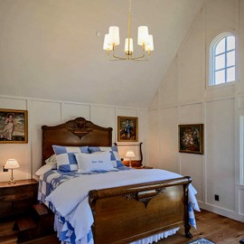 Homebelife Chandelier, Brushed Brass with White Fabric Shade, Farmhouse Linear Island Lighting Fixture for Kitchen, Dining Room (5-Light Brass Gold with Fabric Shades)