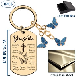 Christian Gifts Butterfly Inspirational Keychain - Religious Gold Keyring Gift with Bible Verses, Blue Butterflies Charms Key Chain for Women Godmother Priests Daughter Sister Friend Mom Catholic
