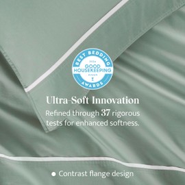 Double Stitch Cotton Tencel Sheet - Bed Sheets Set Queen Size, 4Pc Luxury Hotel Bedding Set, Soft, Cooling & Breathable for Hot Sleepers, Deep Pocket Up to 16 Inches, Sage Green Contrast