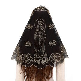 Bozidol Church Veil Lace Mantilla Virgen de guadalupe Costume Christian Prayer Scarf Spanish Catholic Mass Veil (Black-Gold)