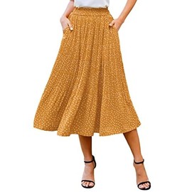 Zeagoo Women's Elastic High Waist Swing Boho Midi Skirt Casual Pleated Swing Polka Dot Trendy Skirt with Pockets Yellow