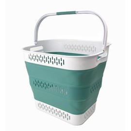 SAMMART 40L (10.5 Gallon) Collapsible Plastic Laundry Basket with Handles - Foldable Pop Up Storage Container/Organizer - Portable Laundry Hamper - Space Saving (1, White/Celadon Green)