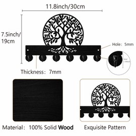 PRESSINART Tree of Life Key Holder Black Key Holder Wall Mount 11.8 x 7.5 Inch Botanical Theme Wooden Keychain Hanger Organizer Rack with 6Pcs Hooks for Bedroom Living Room Gift Coats Bags Hanging