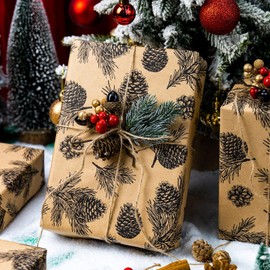MAYPLUSS Kraft Christmas Wrapping Paper, Pine Cones Wrapping Paper, Vintage Brown Cedar Pine Neutral Colored Rustic Christmas Gift Wrap for Winter Holiday Gift Packaging (17 Inch X 33 Feet)