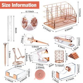 14 Desk Accessories Kit Include Stapler, Staple Remover, Pen Holder, Note Box, Metal Mesh Organizer, Phone Holder, Staples, Scissors, Binder Clips, Tape Measure, 2 Pens, Ruler (Rose Gold)