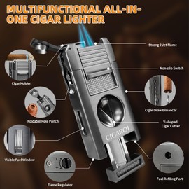 CIGAROL 5-in-1 Cigar Torch Lighter – Double Jet Flame, V Cutter, Punch, Draw Enhancer & Cigar Rest – Butane Refillable Travel Cigar Lighter for Men