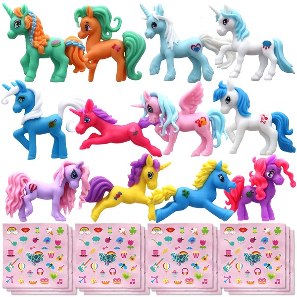 GIFTEXPRESS® 12 pcs Individual Packed Magical Unicorn Ponys Unicorns Figure and Unicorn Stickers Sheets for Girls Birthday Party, Valentine's Day Goodies Bag