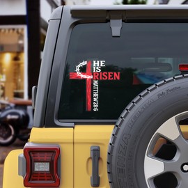 Premium He is Risen Cross Decal – Christian Jesus Car Sticker with Bible Verse Matthew 28:6, Durable Weatherproof Religious Vinyl Window Decal Size 6x6 inches
