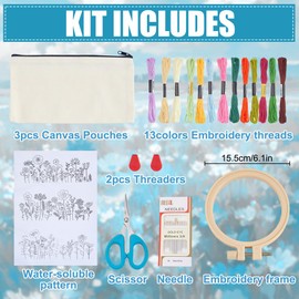 WEBEEDY 3 Sets Embroidery Pouch Making Kit DIY Floral Pouch Cosmetic Bag Embroidery Kit Include Stamped Flower Pattern, Hoop, Threads, Needles for Beginners Christmas Mother's Day Stitchwork Gift