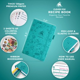 Clever Fox Recipe Book - Make Your Own Family Cookbook & Blank Recipe Notebook Organizer, Empty Cooking Journal to write in recipes, A5, stores 60 recipes, Turquoise