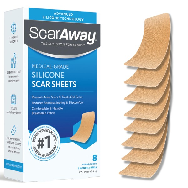 ScarAway Advanced Skincare Silicone Scar Sheets, Medical Grade Silicone Strips, No 1 Recommended Treatment for Surgical, Burn, Body, Acne, Hypertrophic & Keloid Scar Treatment, 8 Tan Reusable Sheets