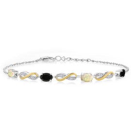 1.49 Ct Oval Cabochon White Ethiopian Opal Black Onyx 925 Silver and 10K Yellow Gold Lab Grown Diamond Infinity Bracelet For Women Mother's Mom Wife Her, Fully Adjustable Up to 7.5 Inch)