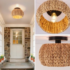 Boho Ceiling Light - 10.6 Round Handwoven Rattan Flush Mount Fixture, Eco-Friendly Natural Jute for Bedroom/Kitchen/Farmhouse, Compatible with E26 Bulbs (Bohemian Style, rattan light fixture )