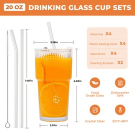 LYBHWBF 4 Pack 20oz Glass Cups with Lids and Straws Vintage Ribbed Glassware for Beer Ice Coffee Fruit Juice Glasses Elegant Aesthetic Cup Great for Coffee Bar Accessories Include 2 Cleaning Brushes