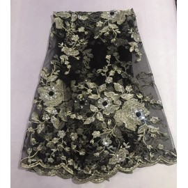 wowfabric4less123 Black Gold Silver Embroidery Rhinestone Lace Fabric 50” Width Sold By The Yard