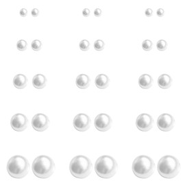 Pearl Stud Earrings set for Women, 316 Surgical Steel Hypoallergenic White Faux Simulated Pearl Earrings, Elegant Gift Box, 5 Sizes Mixed, Pack of 15 Pairs (3/4/5/6/8mm)