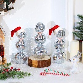 3 Pcs Christmas Disco Ball Decor, Snowman Shaped Aesthetic Disco Ball Decor Glitter Mirror Disco Ornament Disco Ball Snowman Statues Room Table Decor for Christmas Home Art Decorations