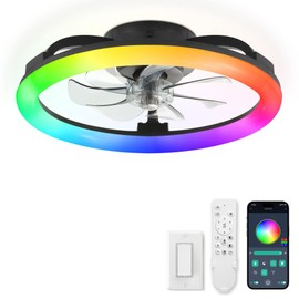 LEDIARY RGB Low Profile Ceiling Fans with Lights and Remote, 20 Inch Dimmable Modern Fan Light(3000K-6000K), 6 Speed, Reversible, APP & Remote Control, Flush Mount Ceiling Fan for Bedroom, Black