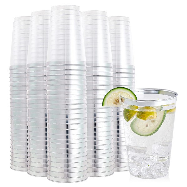 FOCUSLINE 200 Pack 12 oz Silver Rimmed Plastic Cups, Clear Plastic Cups 12 Ounce Tumblers, Heavy-duty & Fancy Disposable Hard Plastic Cups with Silver Rim for Wedding Cups Elegant Party Cups